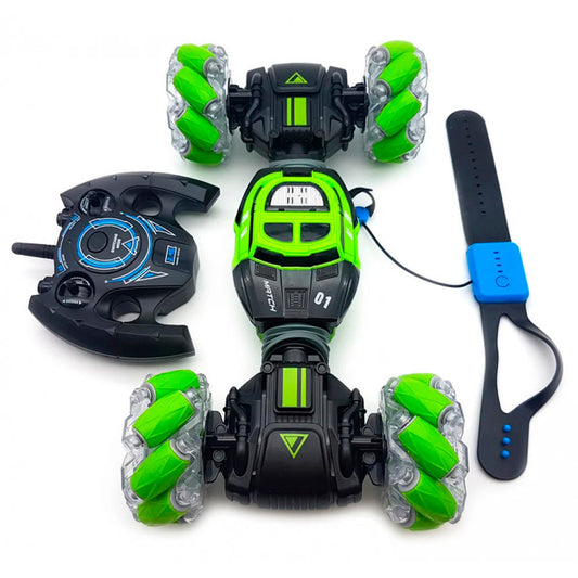 Hand gesture stunt car with remote controller resting on a flat surface for indoor play