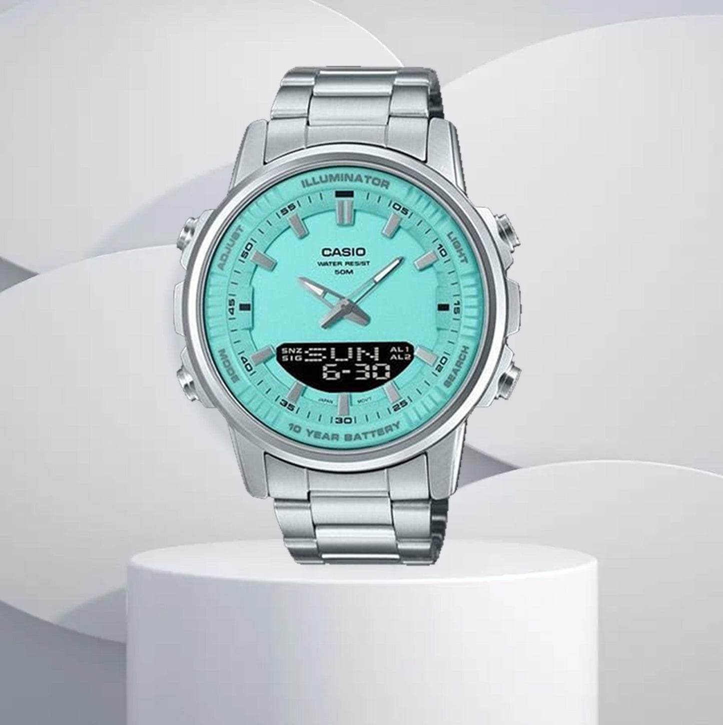 Casio men's analogue digital watch with stainless steel band and multicolor dial