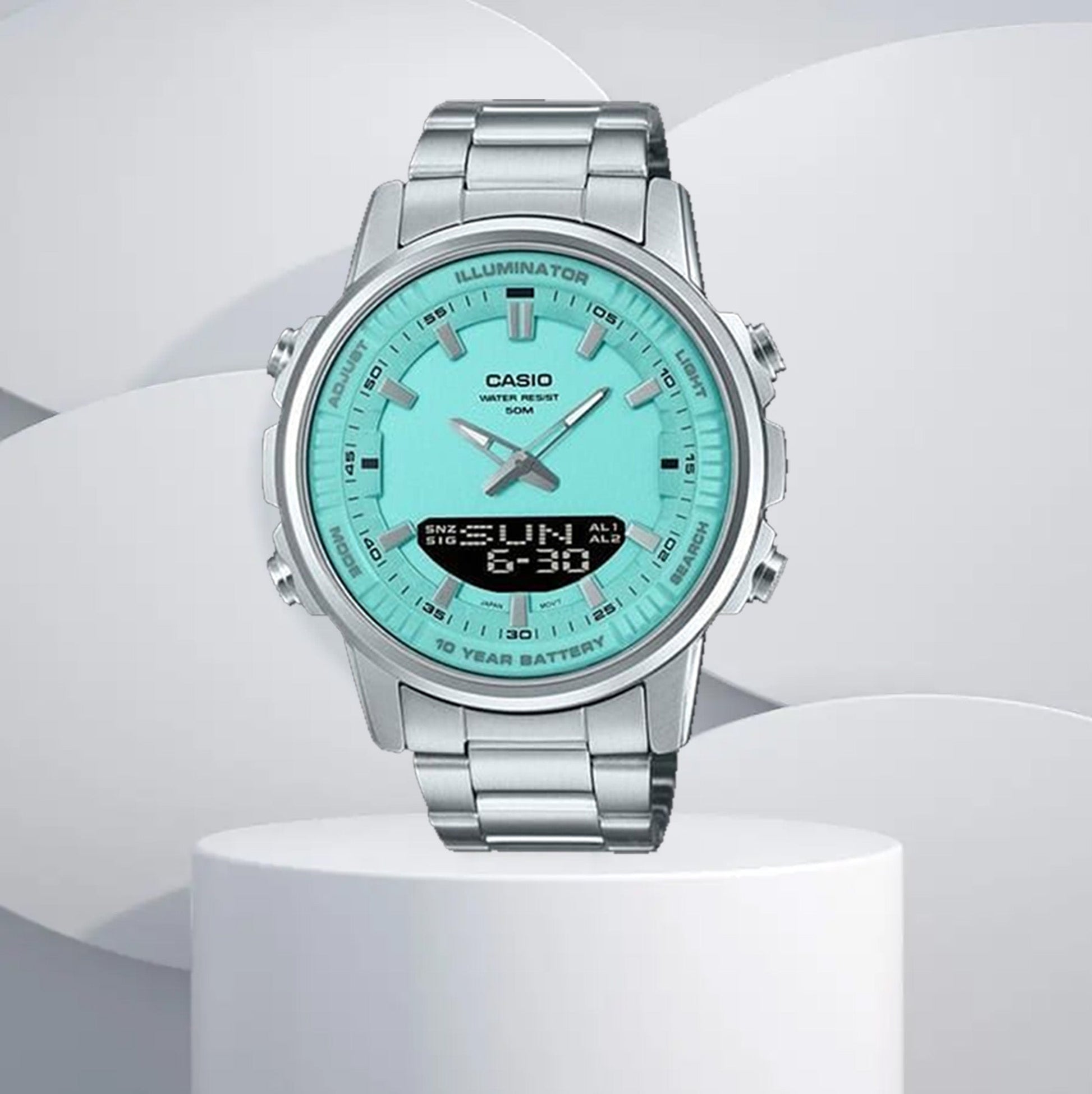 Casio men's analogue digital watch with stainless steel band and multicolor dial