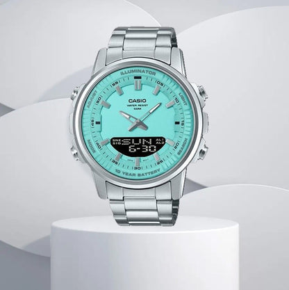 Casio men's analogue digital watch with stainless steel band and multicolor dial
