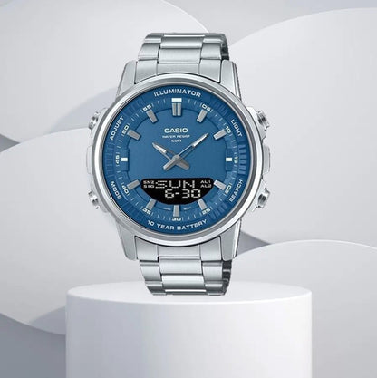 Casio AMW-880D-9AVDF men's analogue digital watch with stainless steel band and multi color dial.