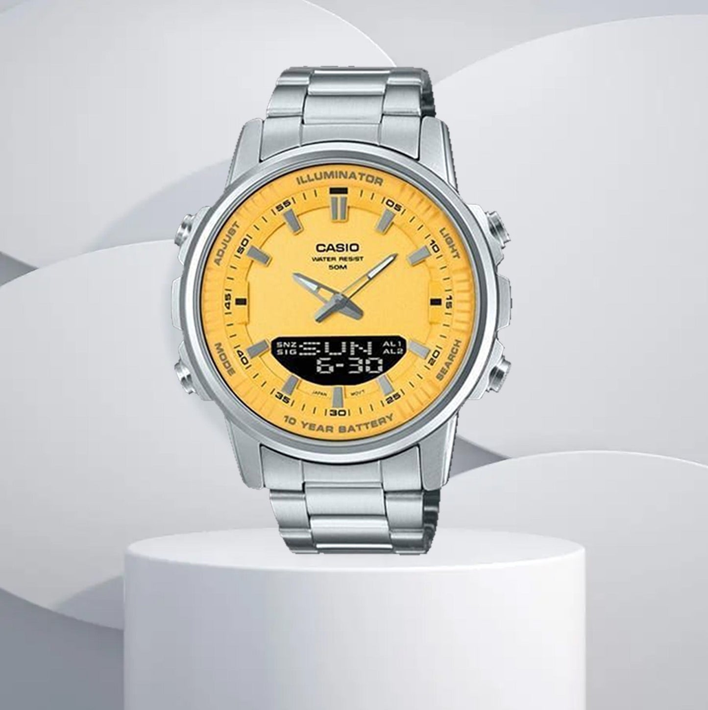 Casio men's analogue digital watch AMW-880D-9AVDF with stainless steel bracelet and multicolor dial