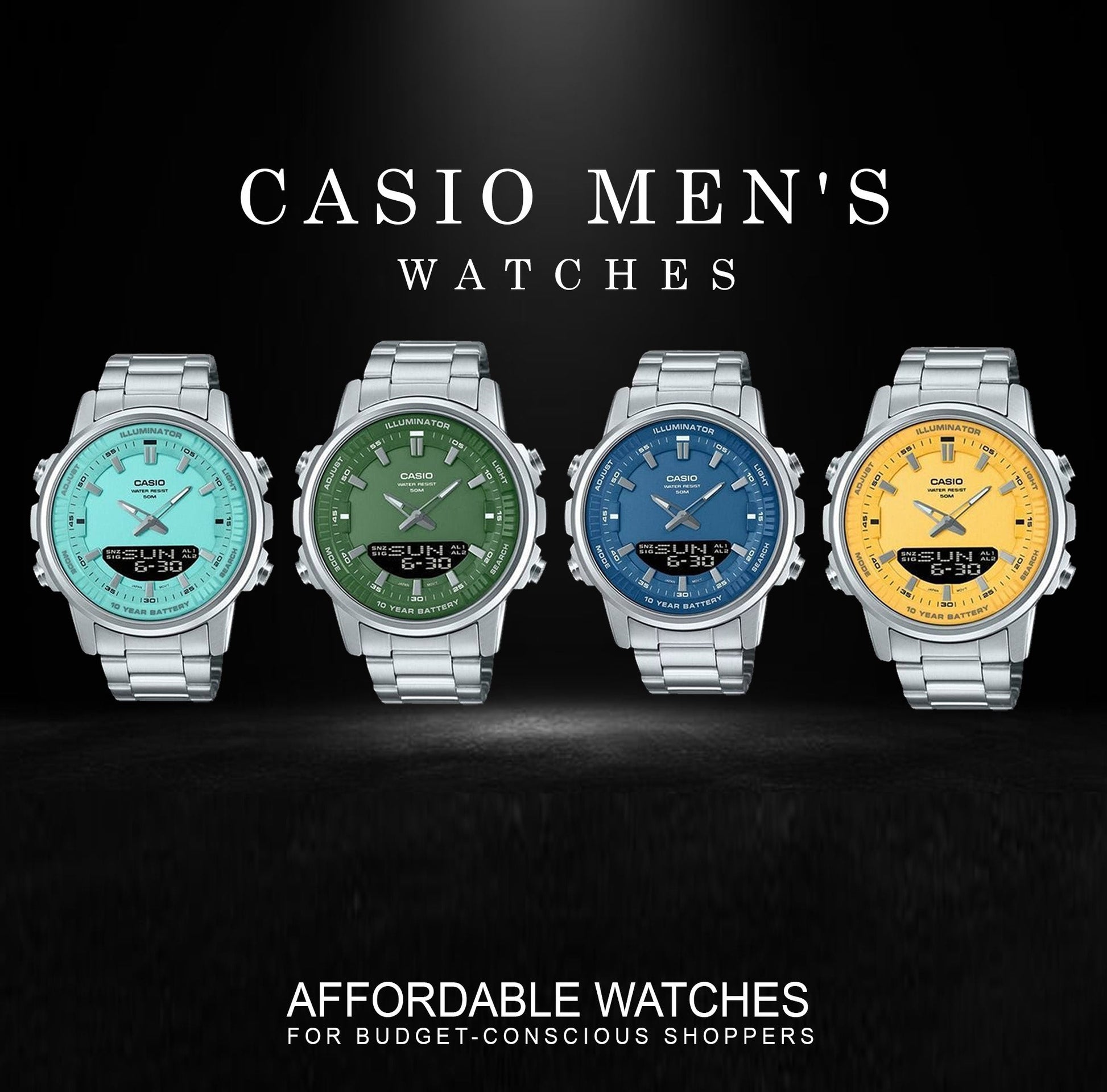 Casio AMW-880D-9AVDF men's analogue digital watch with stainless steel band and multicolor dial display