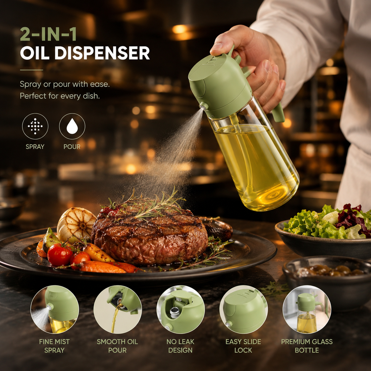 470ml 2-in-1 oil sprayer and pour bottle for cooking, BBQ, and salads