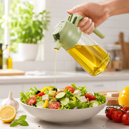 Clear 470ml oil sprayer and pour bottle on kitchen counter for cooking and salads