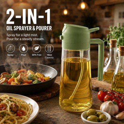 470ml oil sprayer and pour bottle designed for cooking, grilling, and salad preparation.