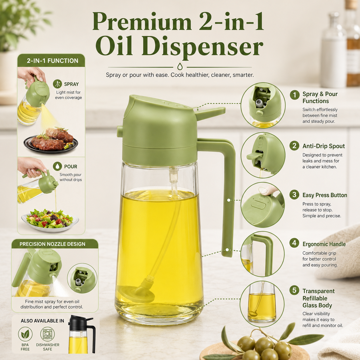 Two in one 470ml oil sprayer and pour bottle shown for cooking and salad preparation
