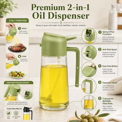 Two in one 470ml oil sprayer and pour bottle shown for cooking and salad preparation