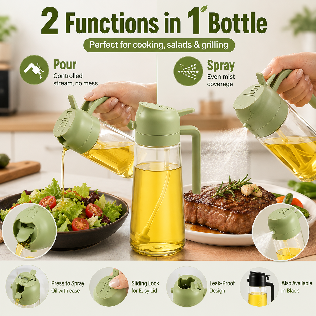 Clear 2-in-1 oil sprayer and pour bottle on countertop for cooking and salad preparation
