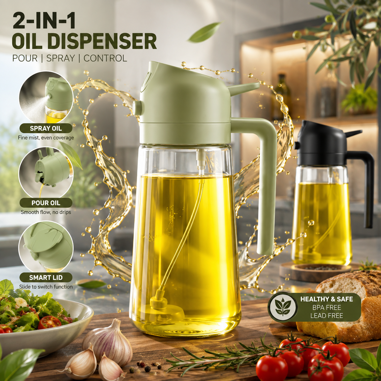 2-in-1 oil sprayer and pour bottle with 470ml capacity for cooking barbecue and salads