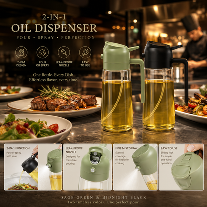 Clear 2-in-1 oil sprayer and pour bottle for cooking and salad preparation