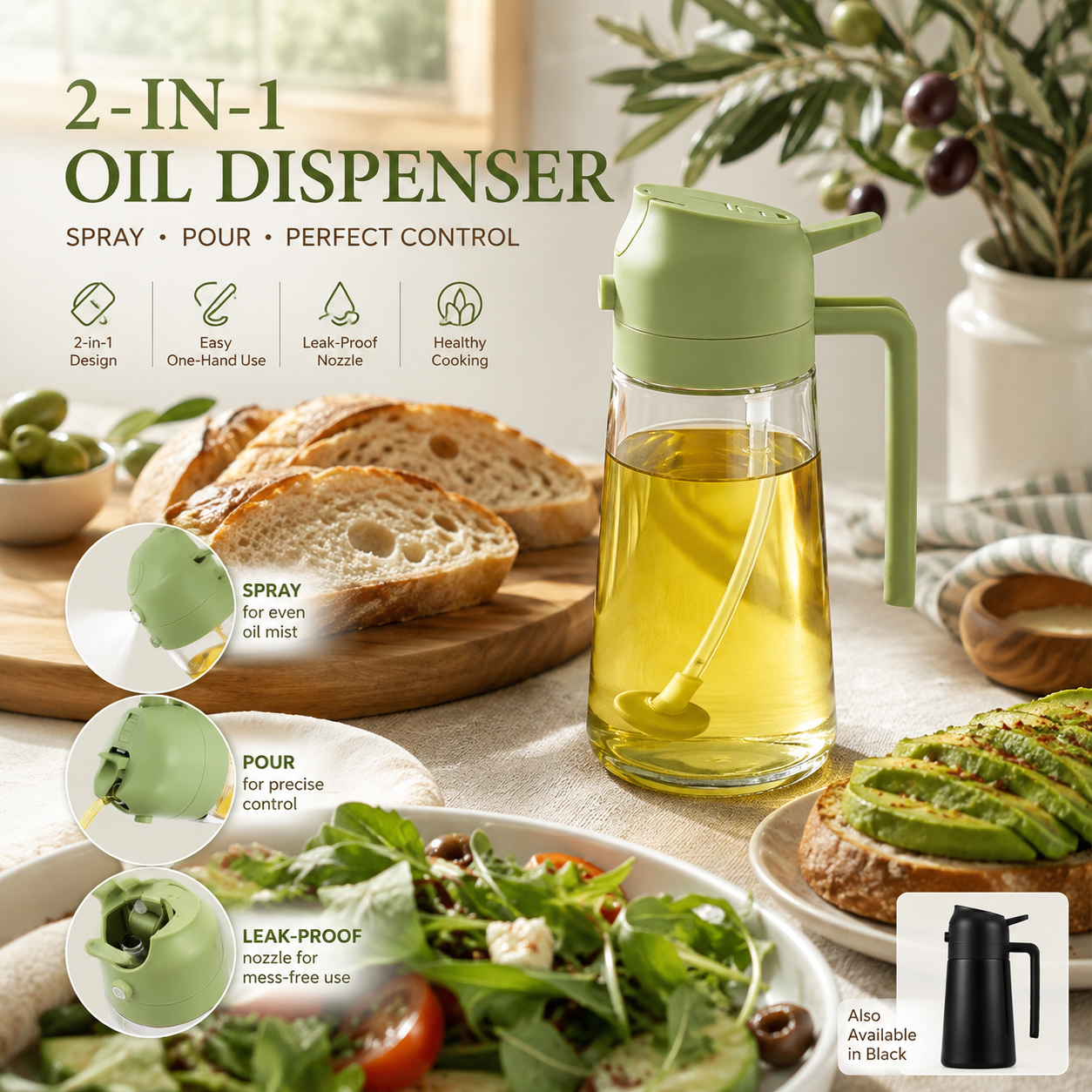 Kitchen oil sprayer and dispenser bottle demonstrating dual spray and pour functions for cooking and salads