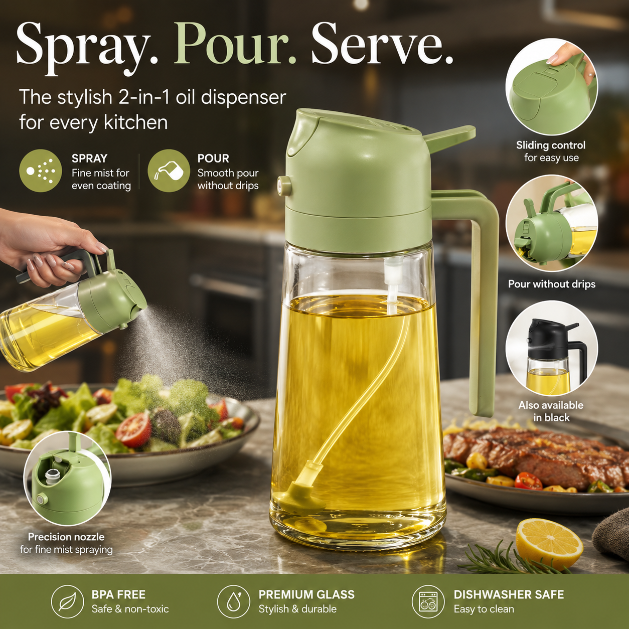 Clear 470ml 2-in-1 oil sprayer and pour bottle for kitchen cooking and salad preparation