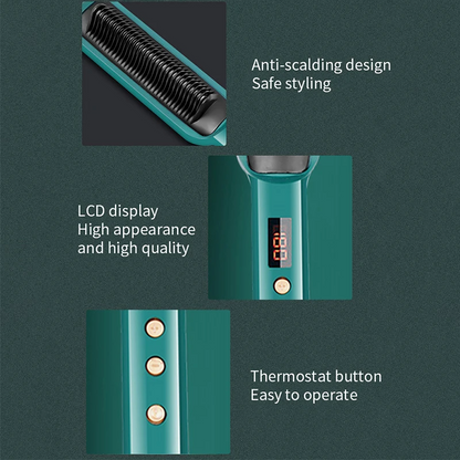 BRELZA 2-in-1 comb hair straightener detail view showing heated teeth and handle design