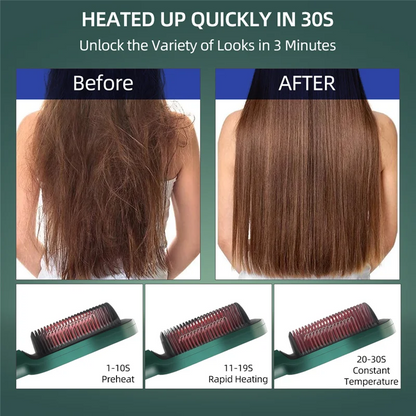 Close up view of the BRELZA 2-in-1 comb hair straightener showing the detangling teeth and heating surface.