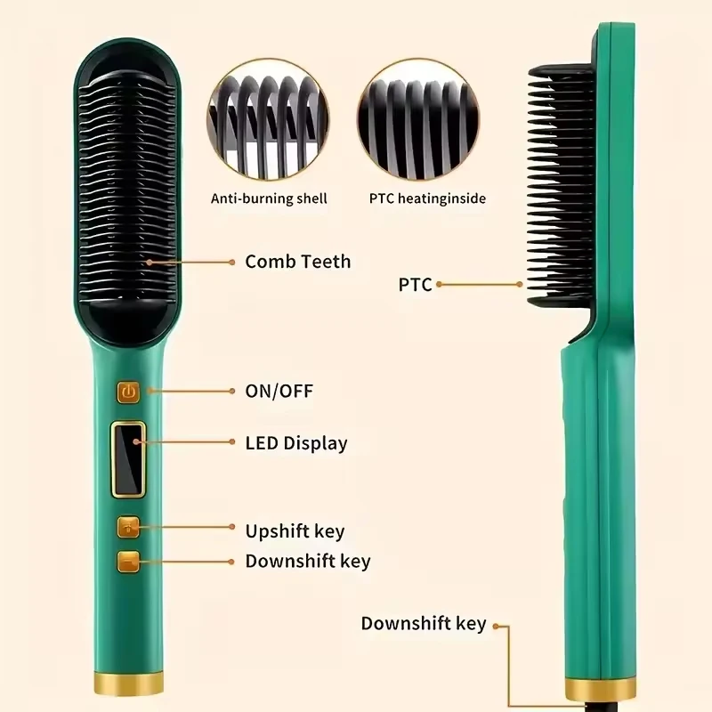 Close up of BRELZA 2-in-1 hair straightener comb showing the wide teeth and handle design