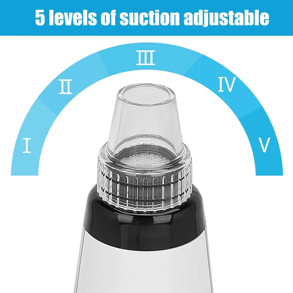 Handheld electric blackhead suction device showing interchangeable nozzle tips for facial pore cleansing.