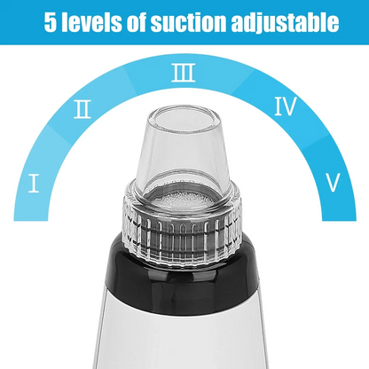 Handheld electric blackhead suction device showing interchangeable nozzle tips for facial pore cleansing.