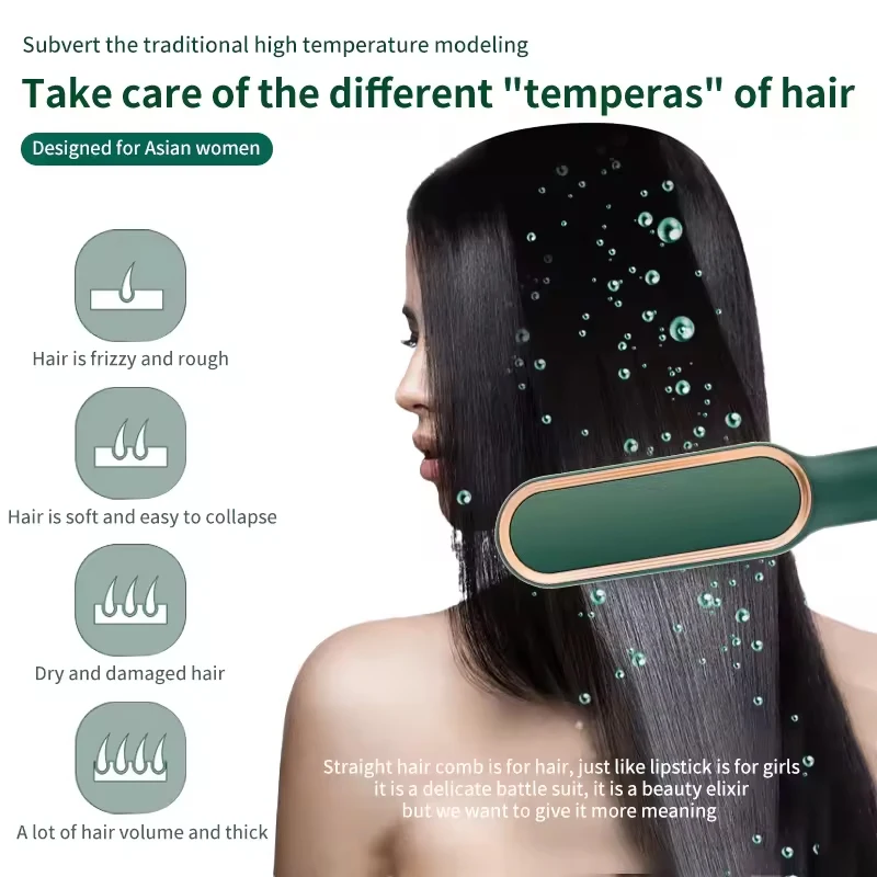 Detail view of BRELZA 2-in-1 comb hair straightener showing heated teeth and flat styling plates