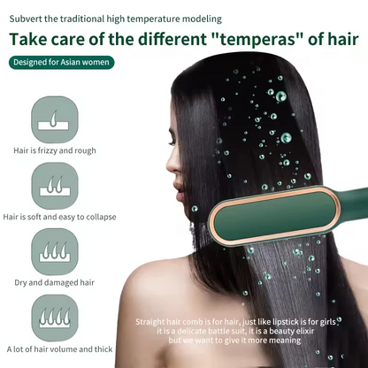 Detail view of BRELZA 2-in-1 comb hair straightener showing heated teeth and flat styling plates