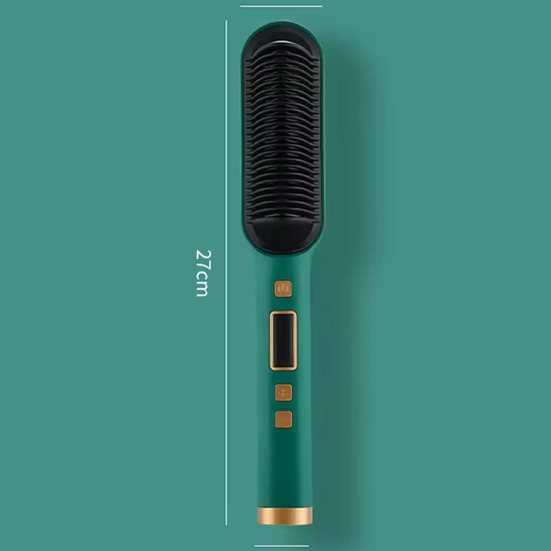 Detailed view of BRELZA 2-in-1 comb hair straightener showing heating plates and comb teeth for styling