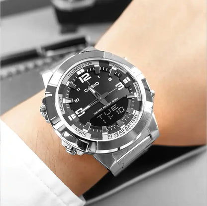 Casio men's analog digital watch worn on a wrist showing the dial and strap