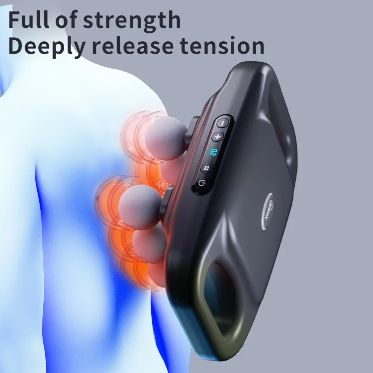 Handheld 4 heads massager with four interchangeable attachments for targeted neck and back muscle relaxation.