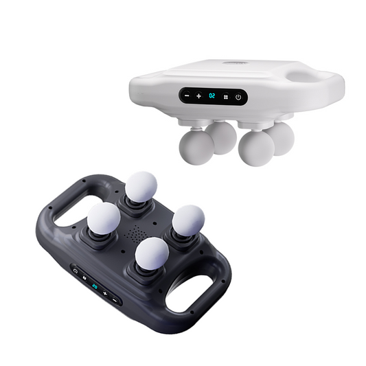 Four head handheld massager displaying ergonomic handle and massage nodes for body muscle relief