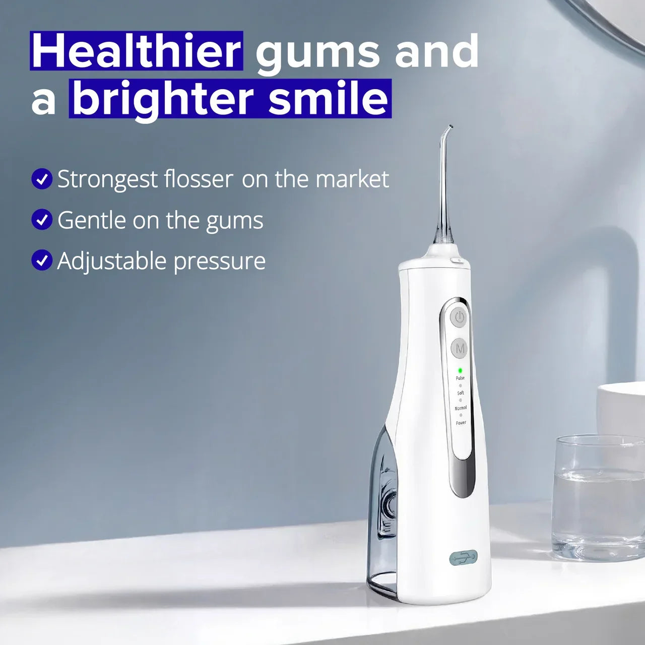 PUURSMILE water flosser positioned for daily oral hygiene and targeted gum cleaning
