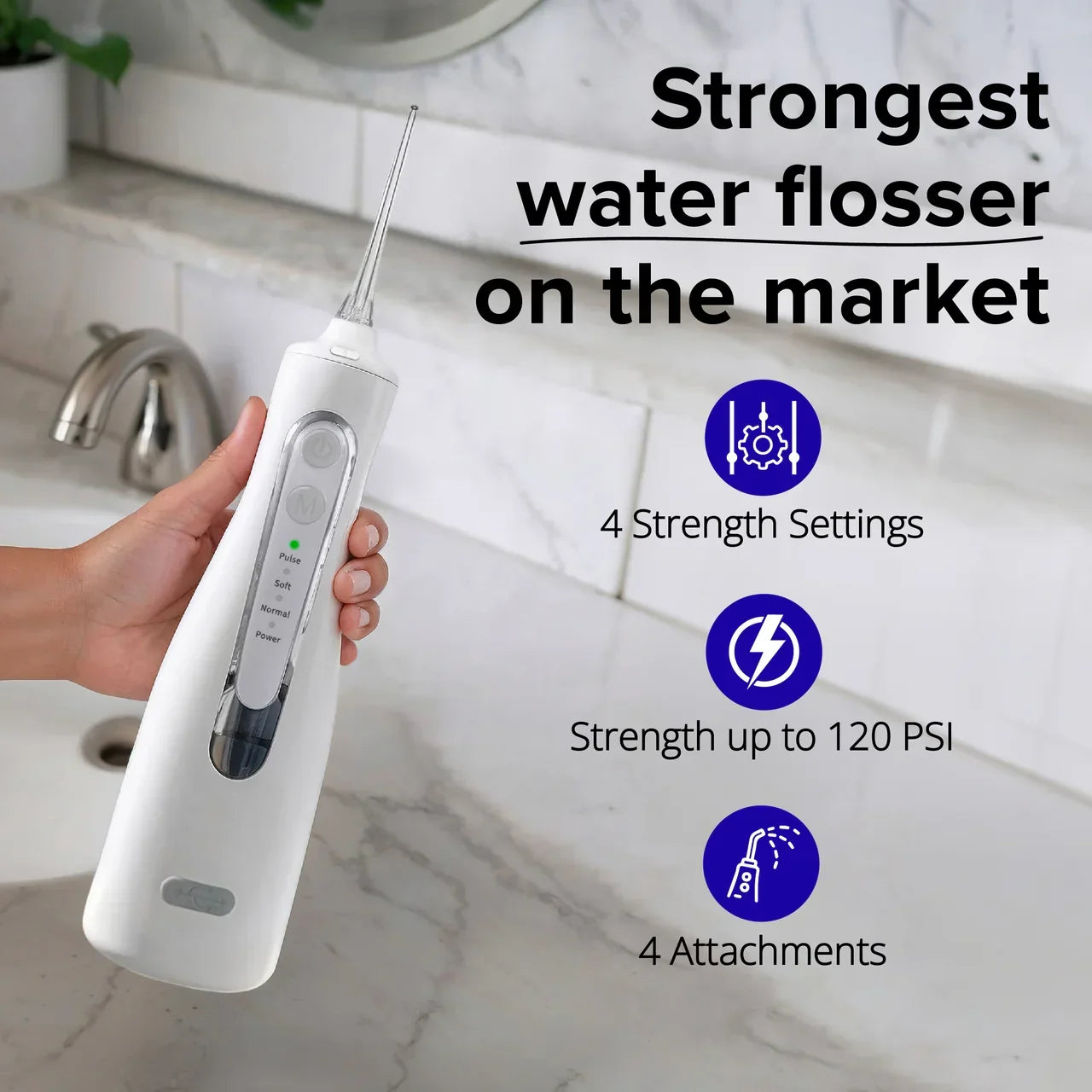 Handheld PUURSMILE water flosser with detachable nozzle displayed on a clean surface for daily oral care.