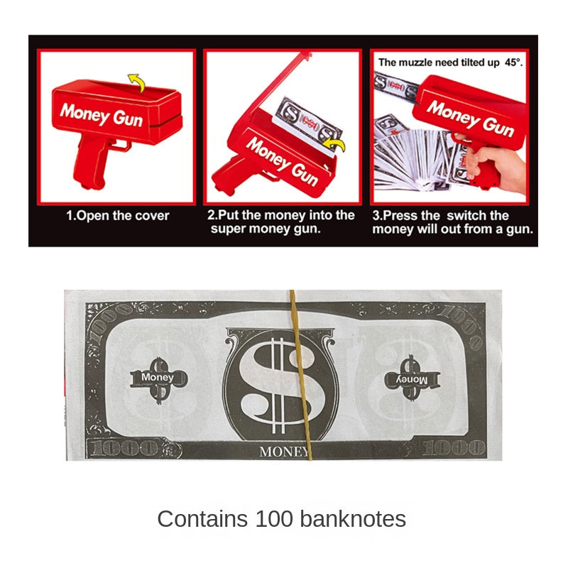 Electric toy money gun shooting paper bills for party celebrations and events.