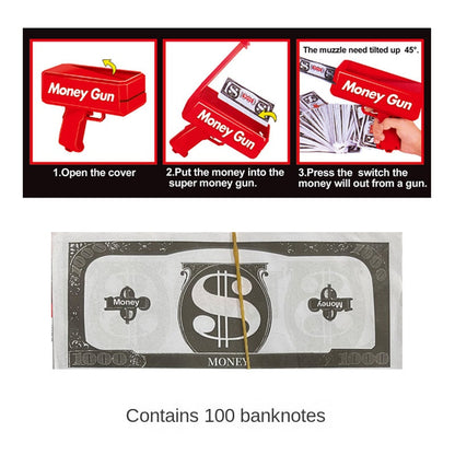 Electric toy money gun shooting paper bills for party celebrations and events.