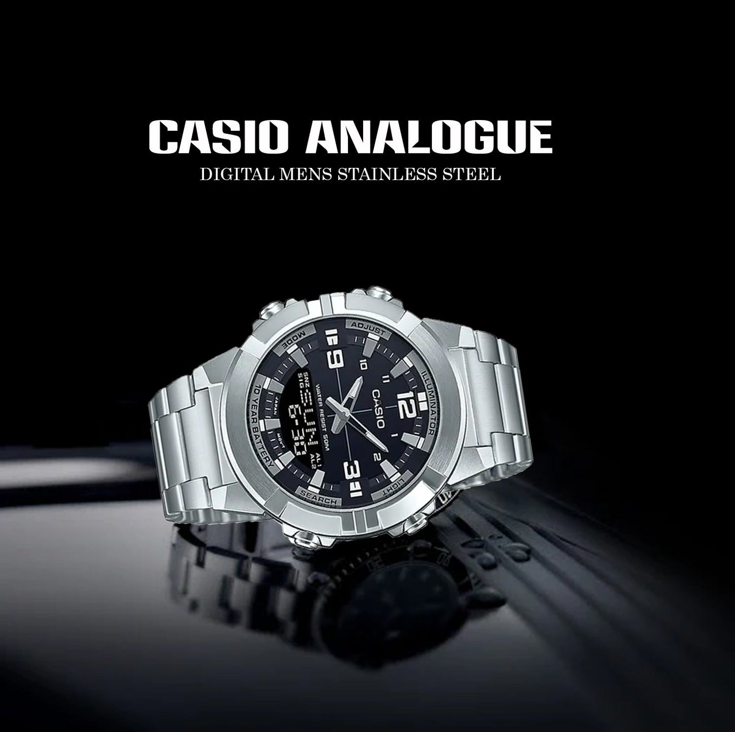 Casio men's analog digital watch with dual display face and adjustable strap for daily wear