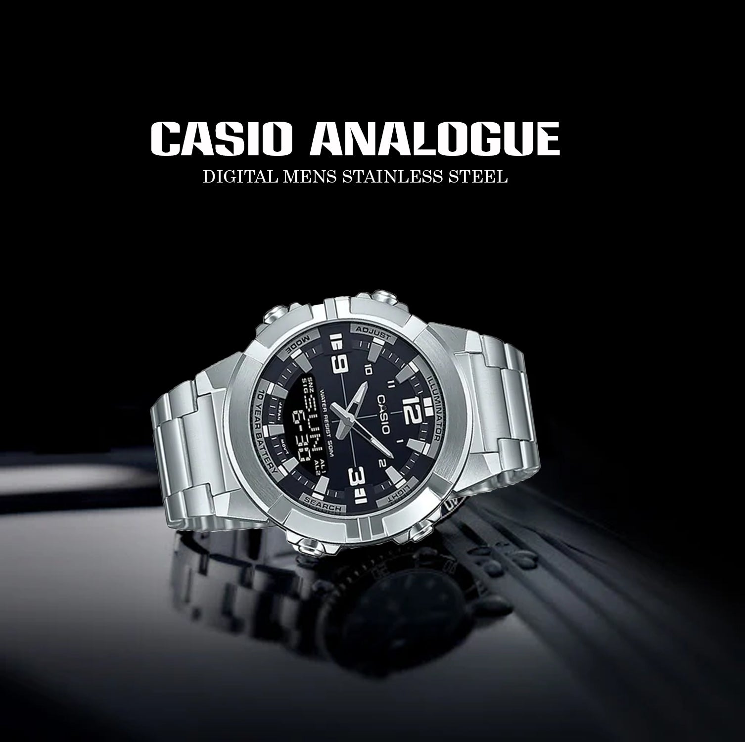 Casio men's analog digital watch with dual display face and adjustable strap for daily wear