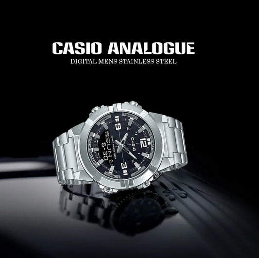 Casio men's analog digital watch with dual display face and adjustable strap for daily wear