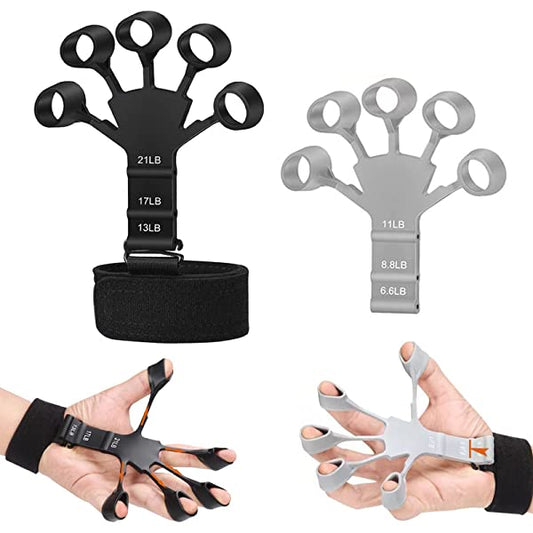 Metal hook grip strength trainer held in hand for forearm and hand muscle conditioning