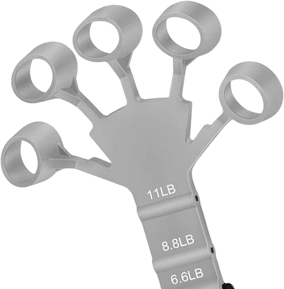 Grey metal hook grip strength trainer for hand and forearm muscle training