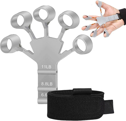 Grey metal hook grip strength trainer for hand and forearm conditioning exercises