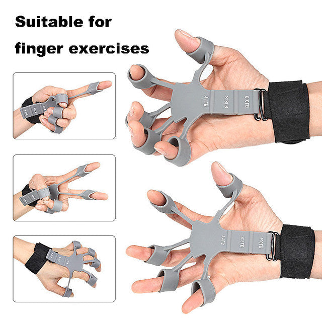 Grey metal hook grip strength trainer for hand and forearm exercise training
