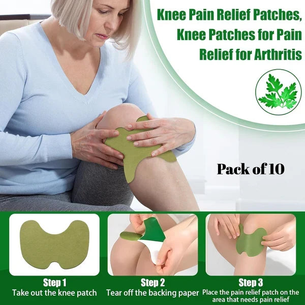 Pack of ten natural knee pain relief patches in retail packaging for daily knee support.