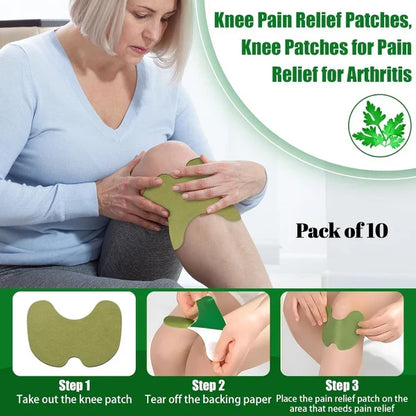 Pack of ten natural knee pain relief patches in retail packaging for daily knee support.