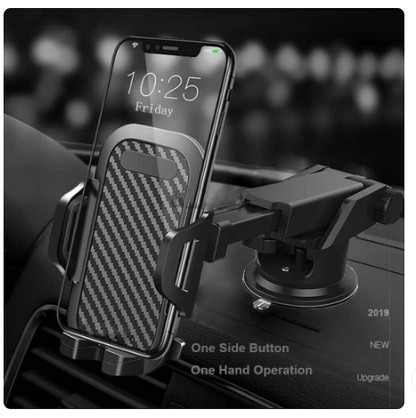 Dashboard mobile holder securing a smartphone for hands-free navigation in a car interior.