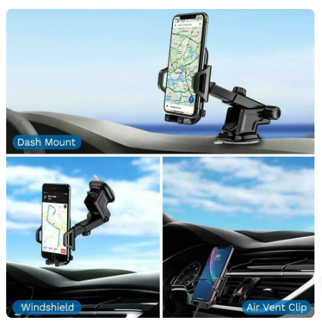Smartphone secured in dashboard mobile holder on vehicle dashboard for hands-free navigation