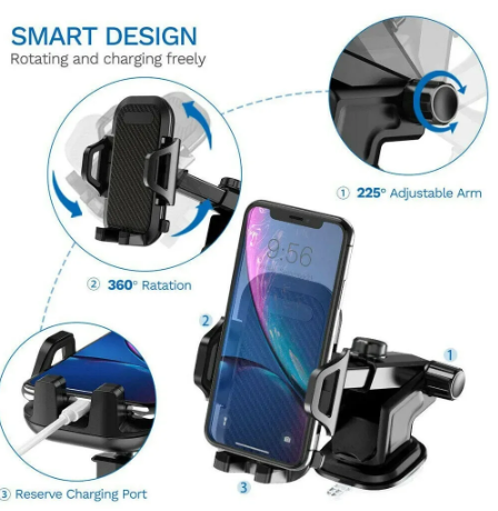 Dashboard mobile holder mounted on a car dashboard securing a smartphone for hands-free navigation.