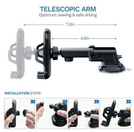 Dashboard mobile holder securing a smartphone on a vehicle dashboard for hands-free driving navigation.