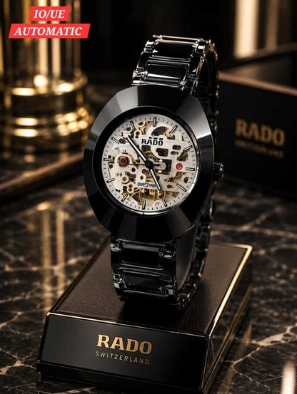 Black and silver Rado DiaStar automatic watch with metal bracelet for daily wear