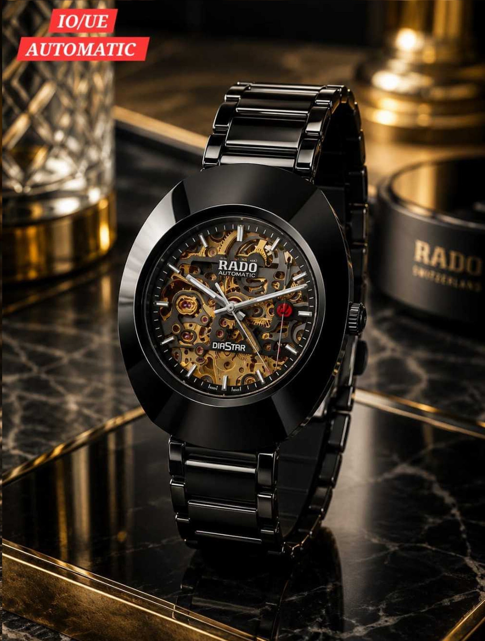 Rado DiaStar automatic wristwatch with black dial and metal bracelet on white background