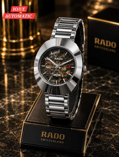 RADO DiaStar automatic watch with black dial and silver metal bracelet