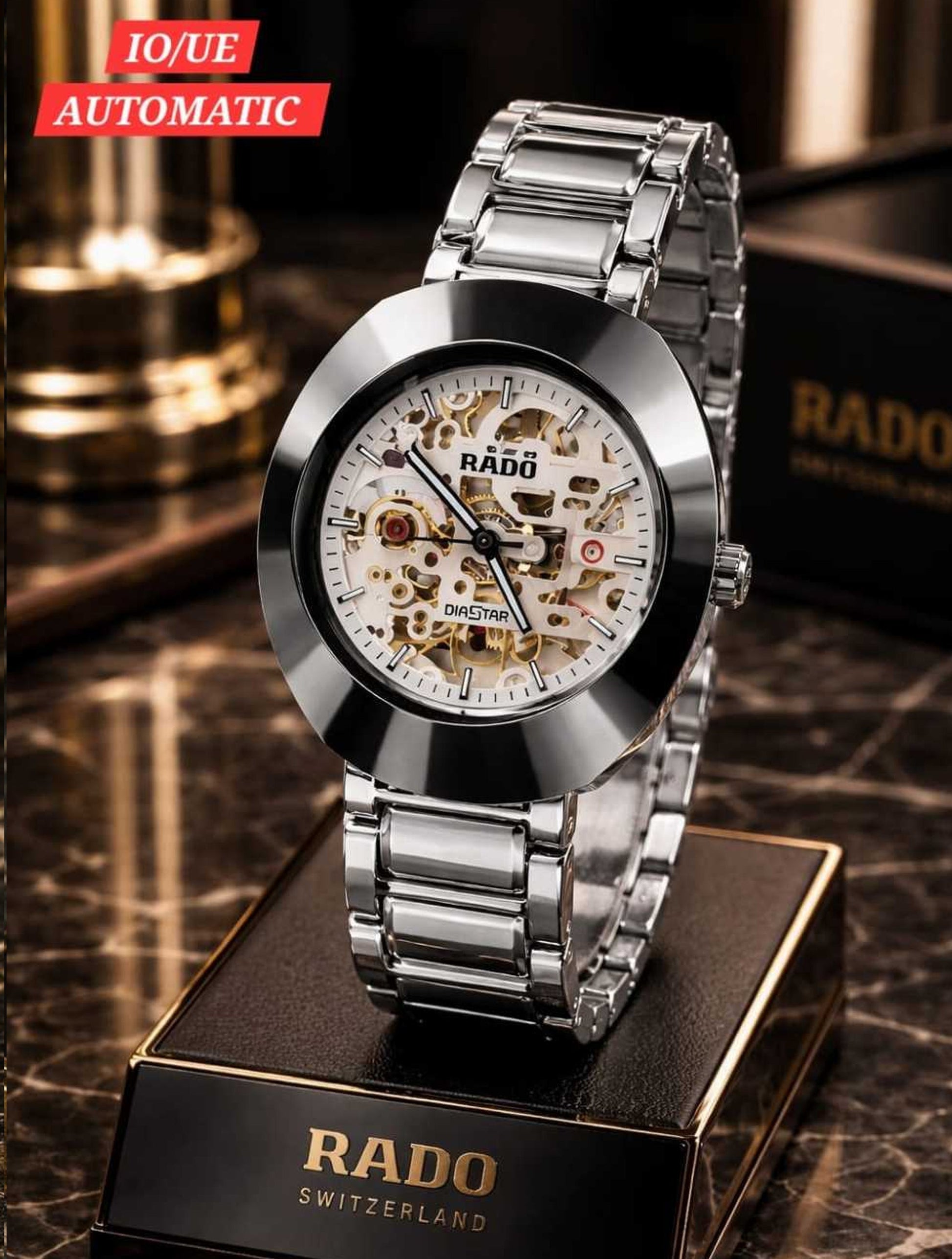 Front view of a silver RADO DiaStar automatic watch with a stainless steel bracelet