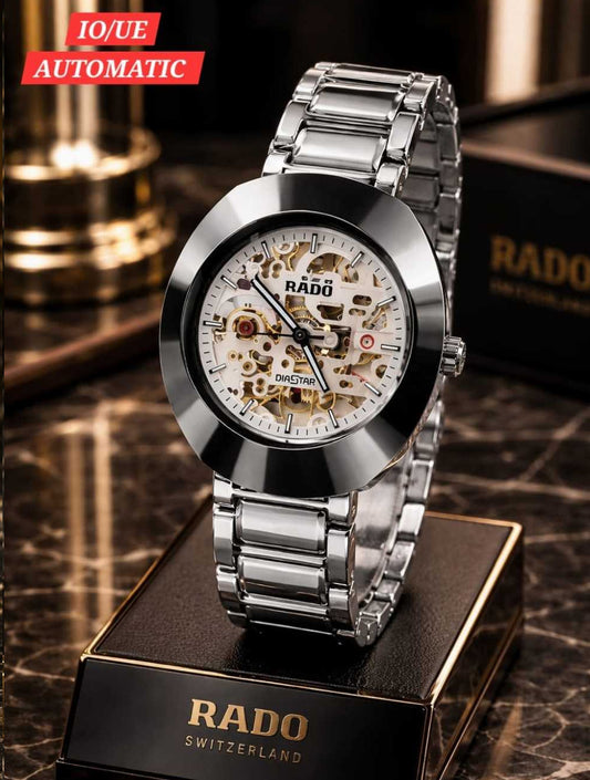 Front view of a silver RADO DiaStar automatic watch with a stainless steel bracelet